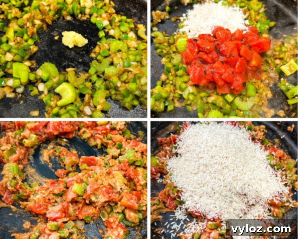 collage of 4 photos with uncooked seafood jambalaya in a cast iron skillet