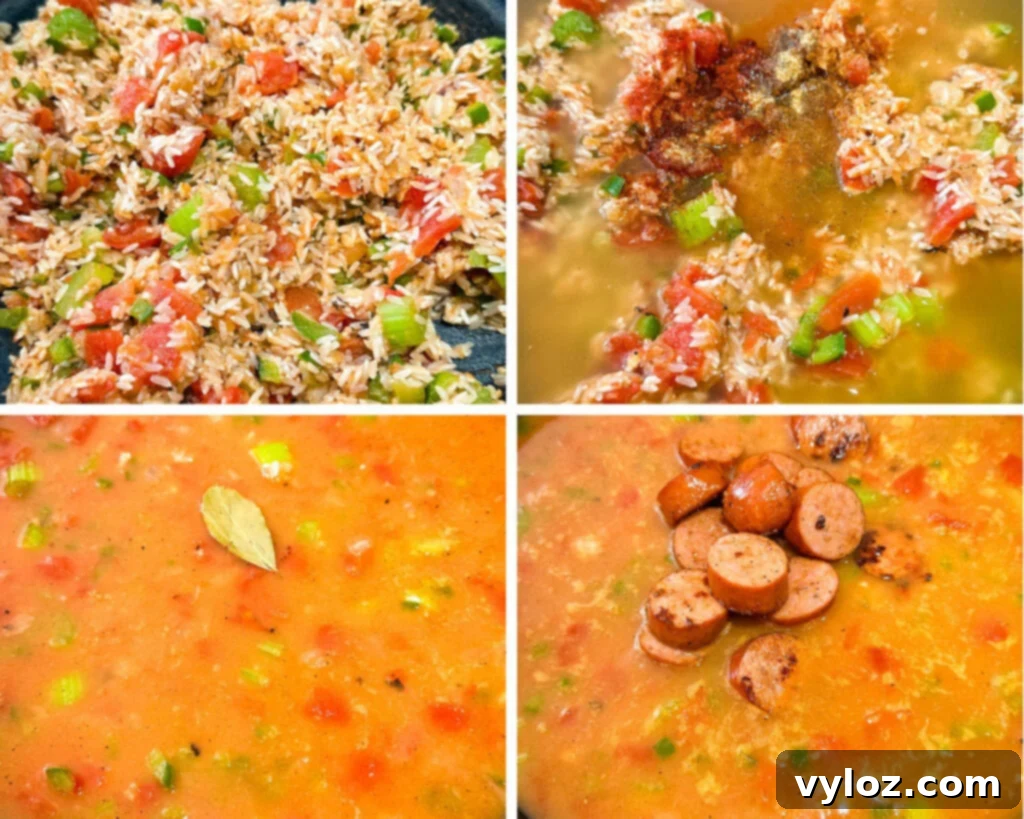 collage of 4 photos with uncooked seafood jambalaya in a cast iron skillet
