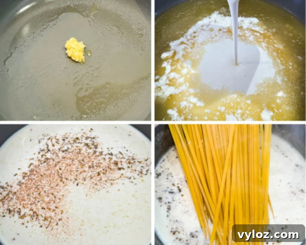 Collage of four photos showing the progression of making Alfredo sauce: minced garlic, heavy cream and broth, raw pasta added, and pasta simmering in sauce.