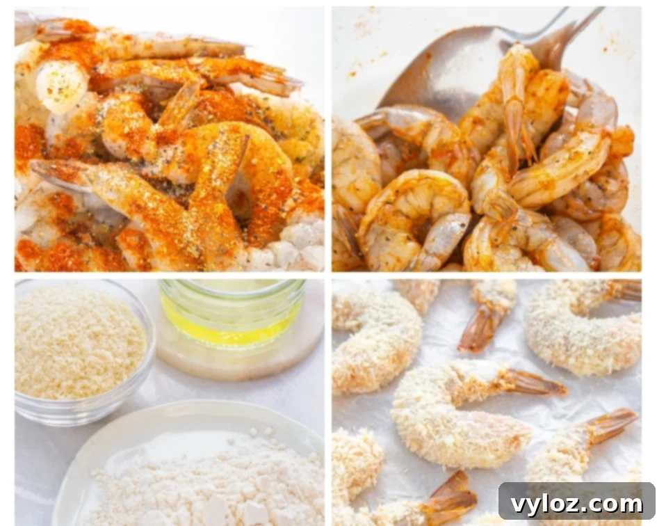 Shrimp perfectly breaded on a plate, ready for air frying