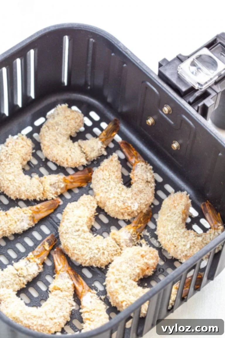 Close-up of golden, crispy Air Fryer Bang Bang Panko Breaded Fried Shrimp