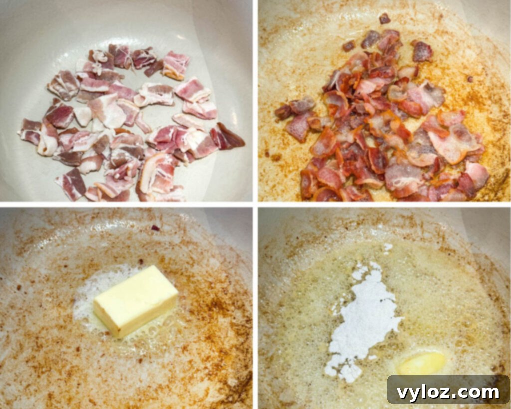 A collage of four photos showing cooked bacon, melted butter, and all-purpose flour in various stages of preparation.