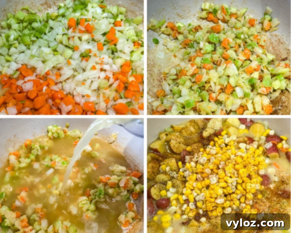 A collage of four photos showing cooked carrots, celery, onions, potatoes, and corn simmering together in a Dutch oven.