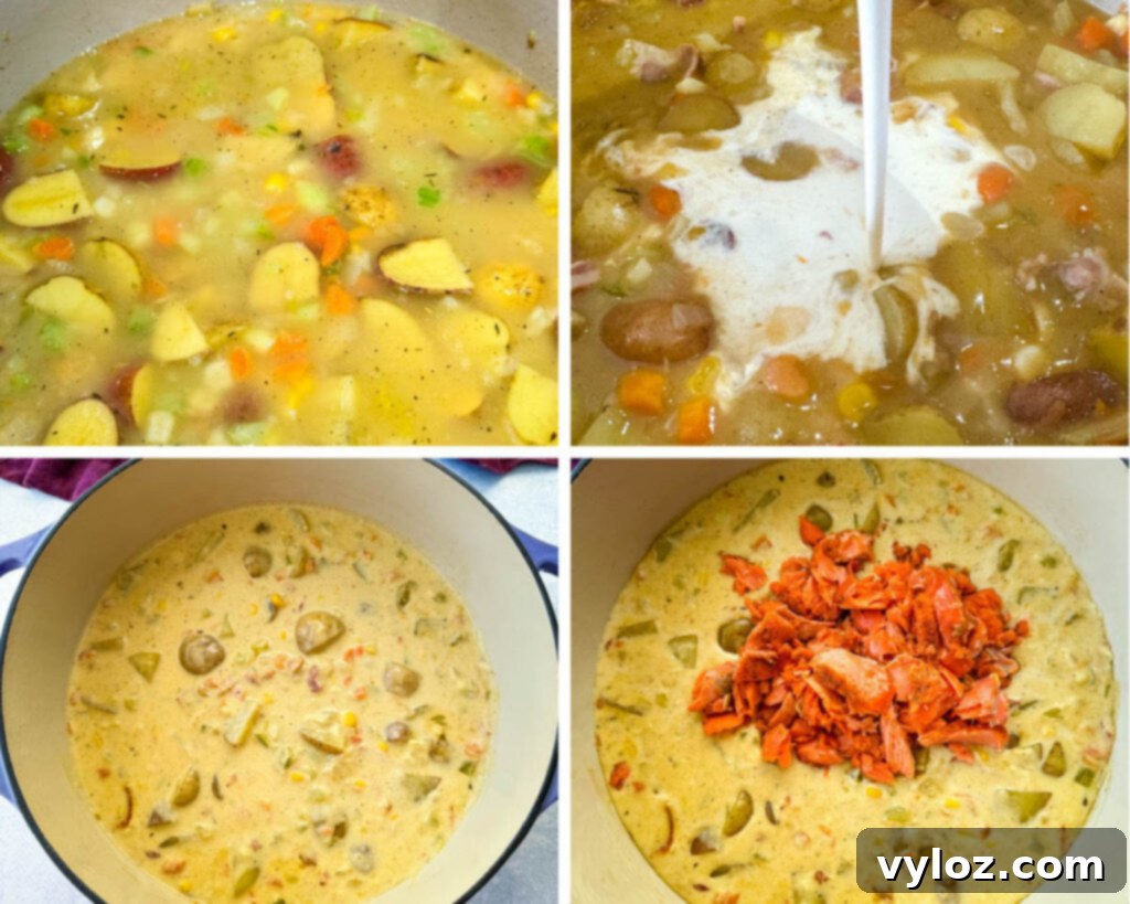 A collage of four photos showcasing cooked salmon chowder simmering in a large Dutch oven.