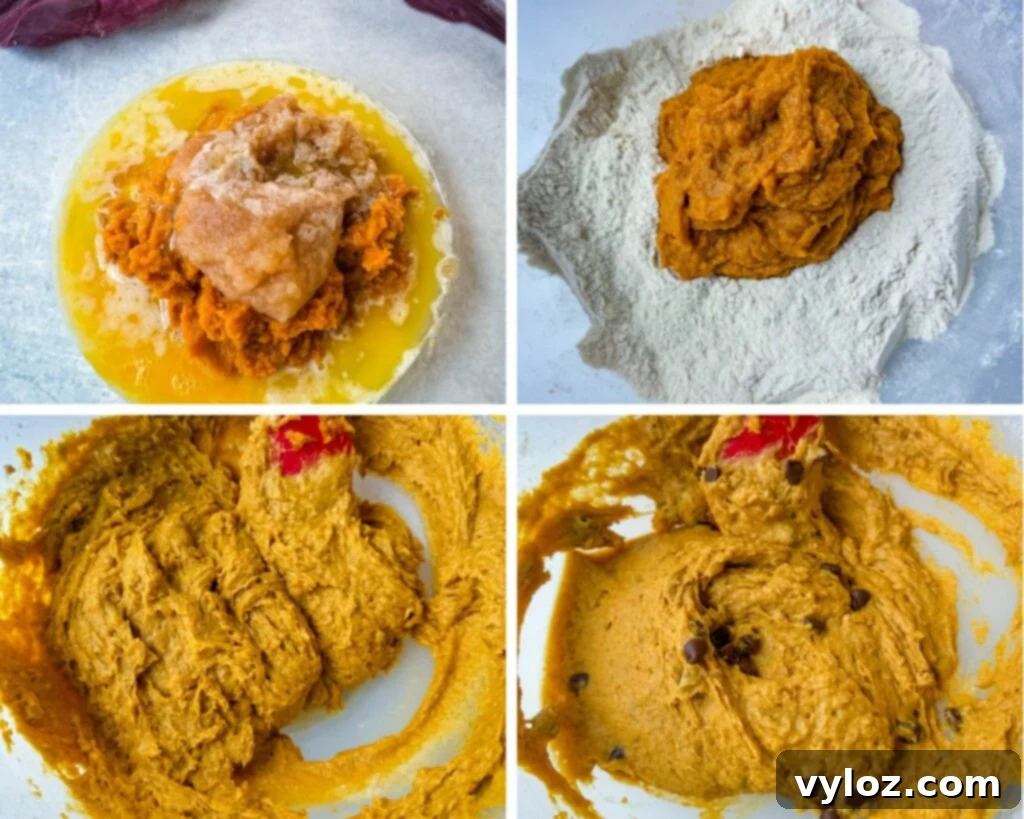 A collage of four progressive photos showing the preparation of pumpkin protein muffin batter in a large mixing bowl, from combining ingredients to adding chocolate chips.