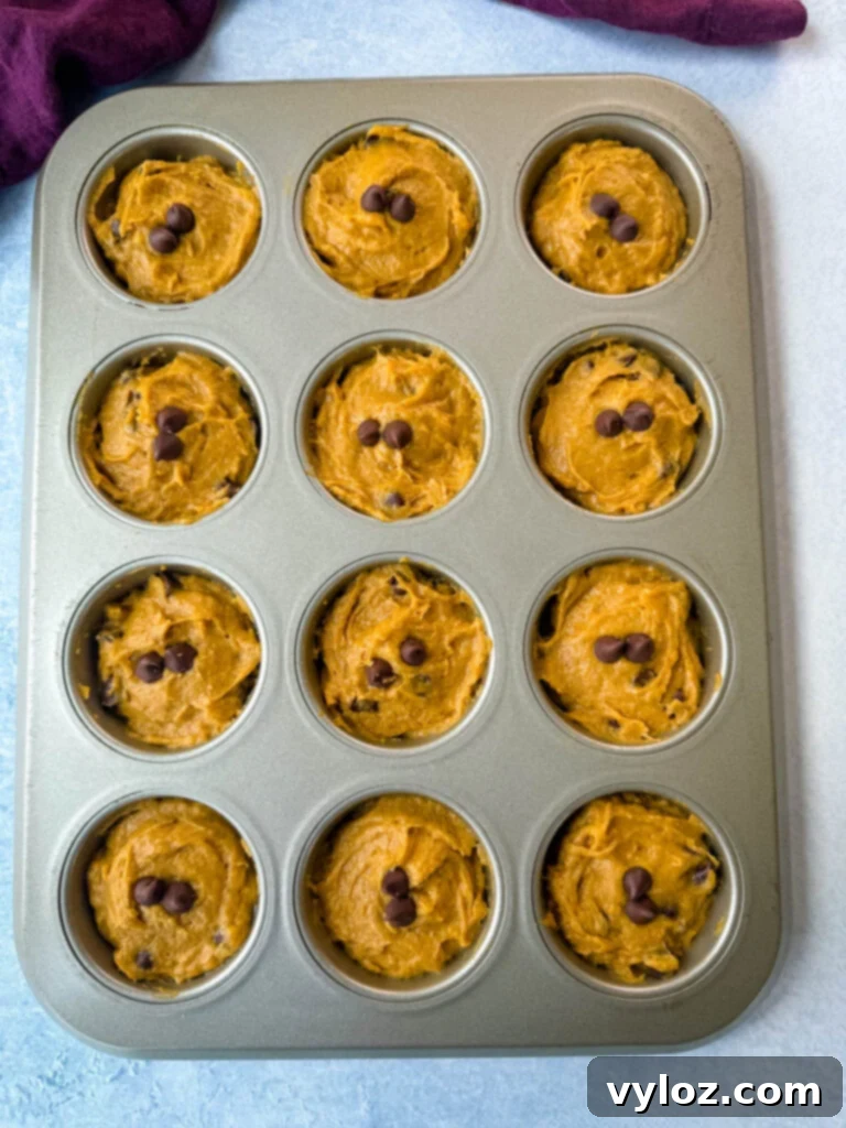 Unbaked pumpkin protein muffins neatly scooped into a muffin tin, ready for the oven.