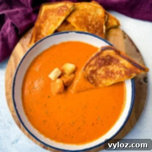 Gourmet Grilled Cheese & Tomato Soup Pairings 14 Homemade creamy tomato soup in a white bowl with croutons, served with slices of grilled cheese on a flat surface