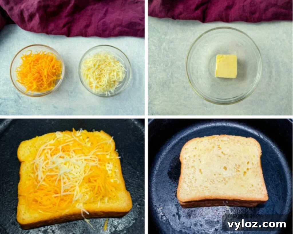 Gourmet Grilled Cheese & Tomato Soup Pairings 6 A collage of four photos displaying grated cheese, softened butter, and a grilled cheese sandwich cooking in a cast iron skillet.