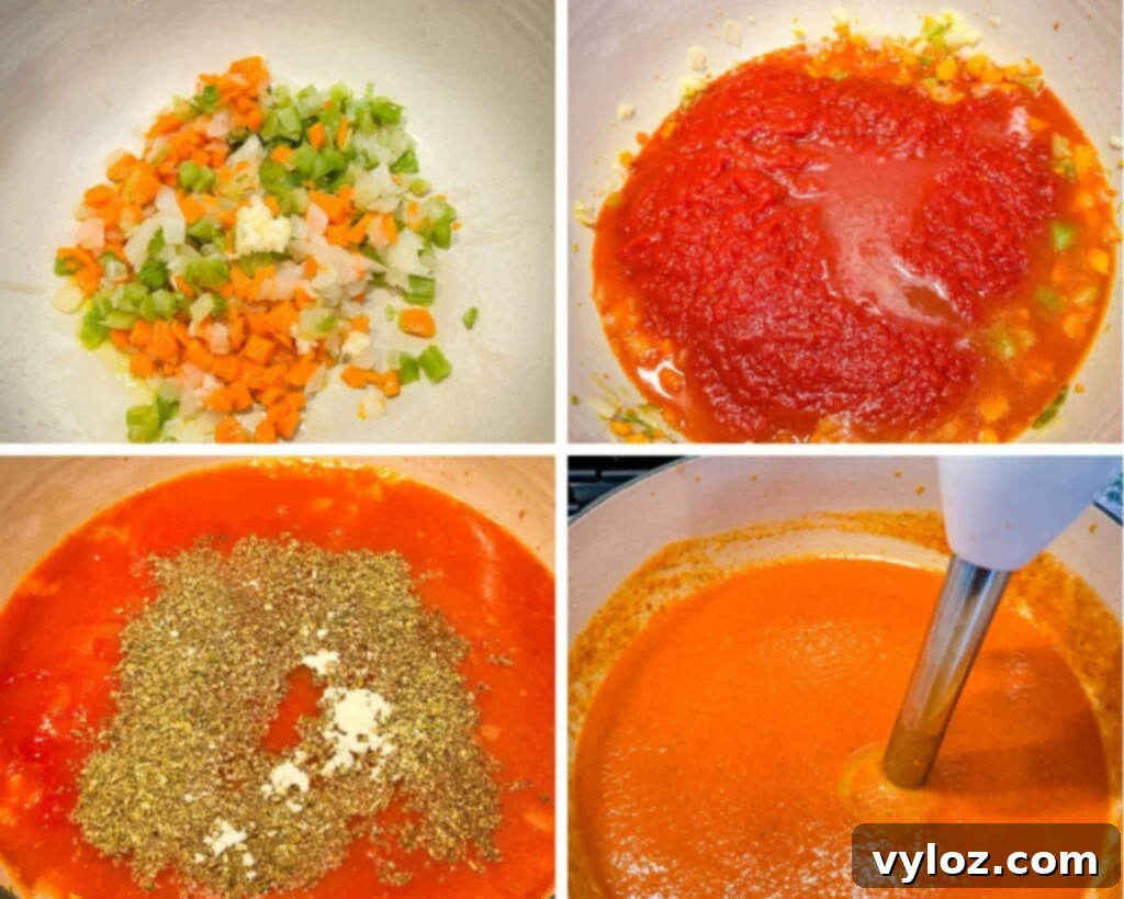 Gourmet Grilled Cheese & Tomato Soup Pairings 8 A collage of four photos showing diced carrots, onions, and celery being sautéed in a Dutch oven with crushed tomatoes added.