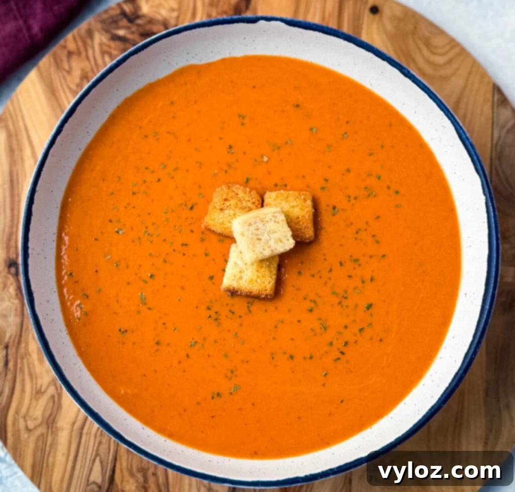 Gourmet Grilled Cheese & Tomato Soup Pairings 10 Homemade creamy tomato soup in a white bowl, garnished with crunchy croutons.