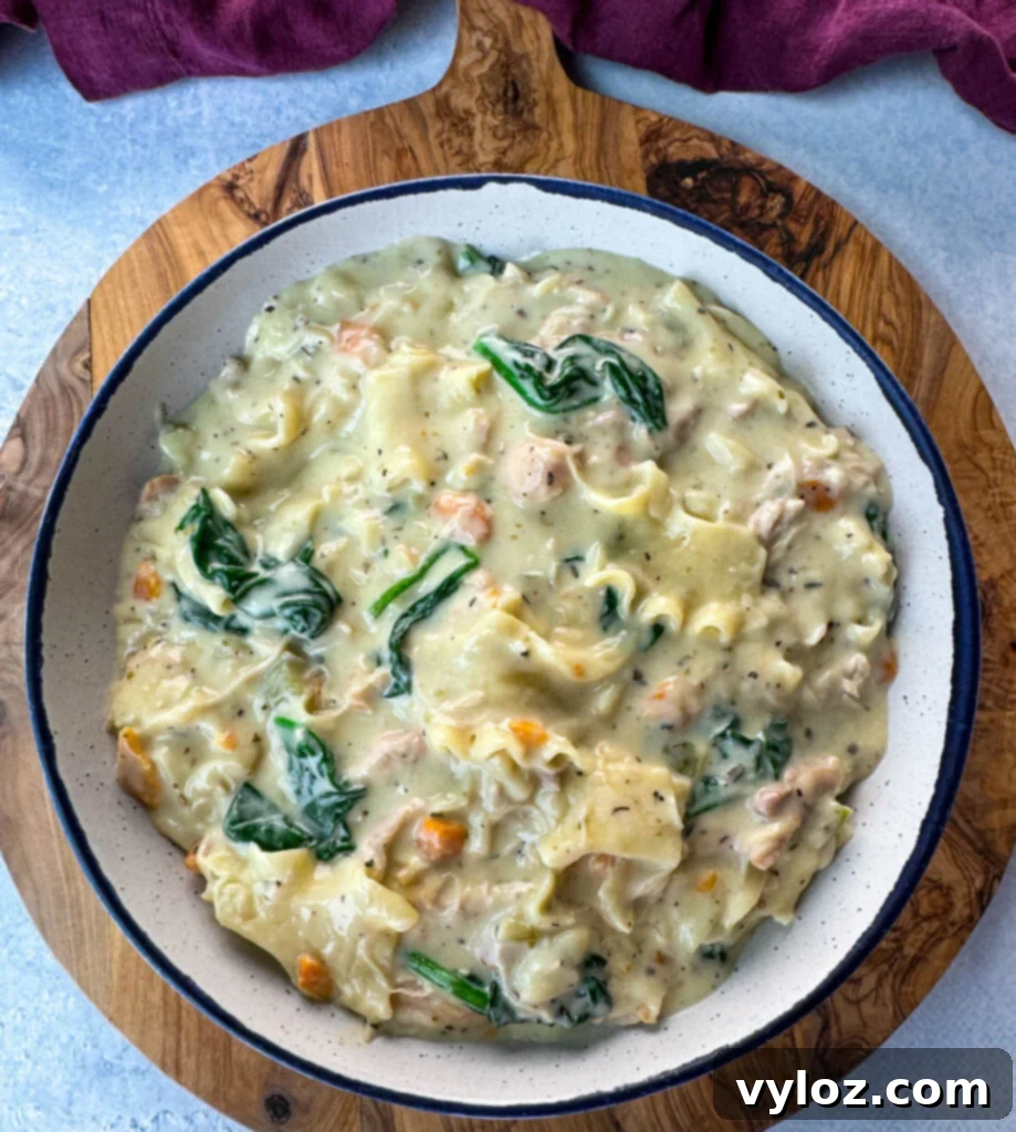 Creamy White Lasagna Soup 13 A bowl of White Lasagna Soup, garnished with carrots, celery, spinach, and grated cheese.