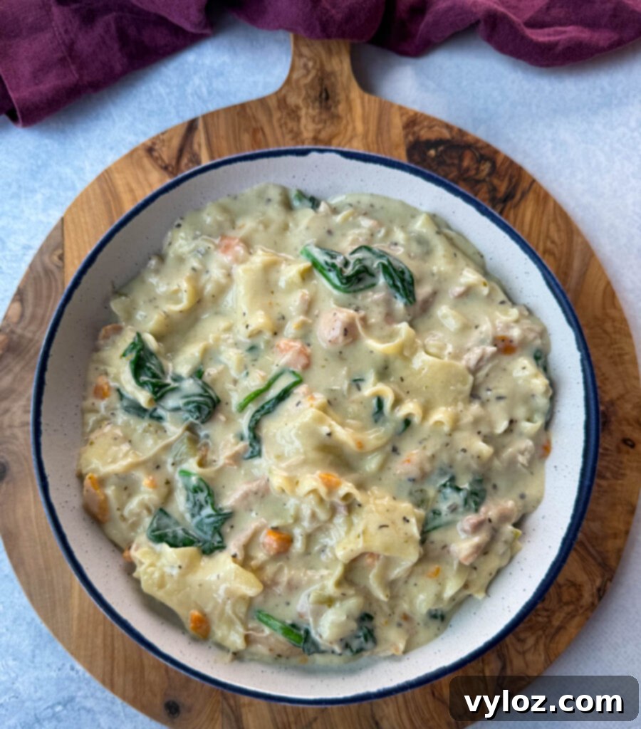 Creamy White Lasagna Soup 15 A serving of White Lasagna Soup in a bowl, showcasing its creamy texture and rich ingredients.