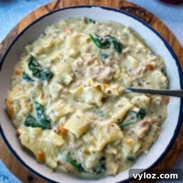 Creamy White Lasagna Soup 16 A beautifully presented bowl of creamy White Lasagna Soup, ready to be enjoyed.