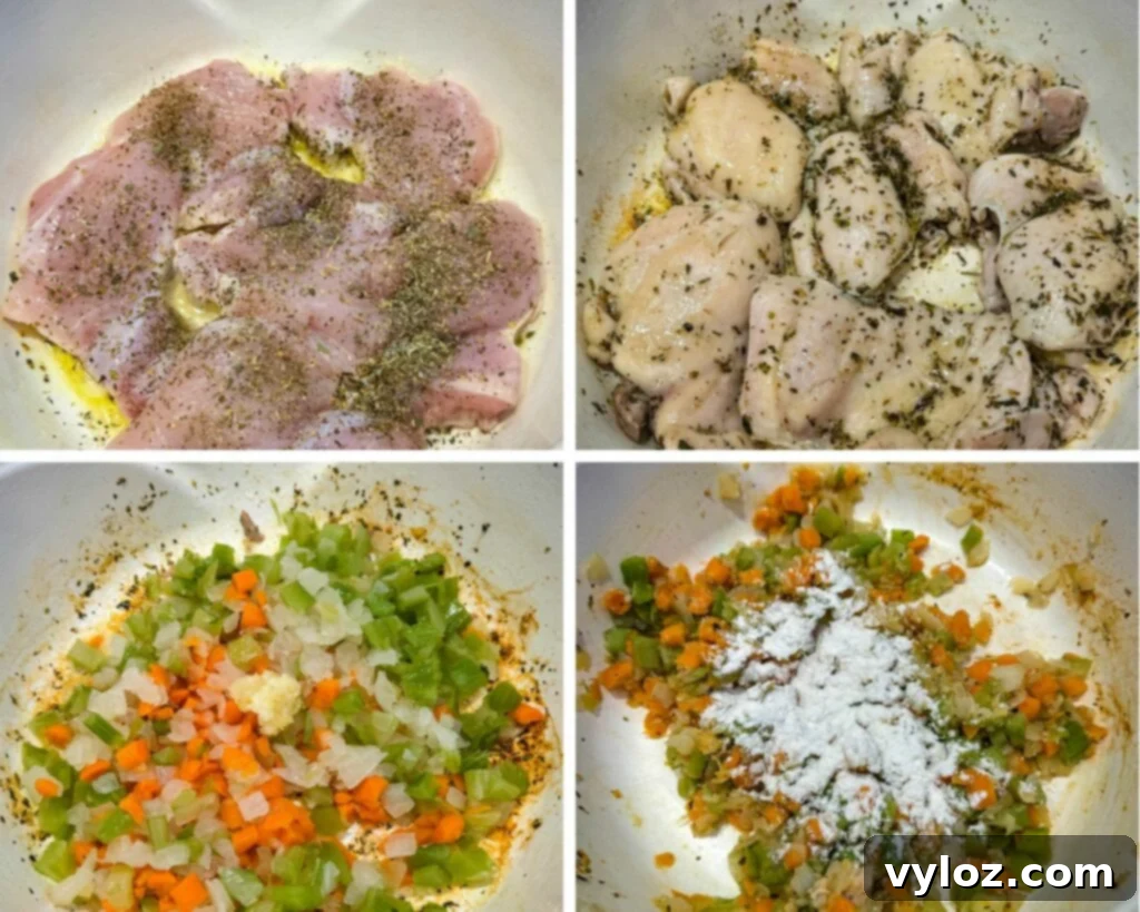 Creamy White Lasagna Soup 8 A collage of four photos showing the initial steps of making lasagna soup: browning chicken, sautéing carrots, onions, and celery, and combining ingredients in a Dutch oven.