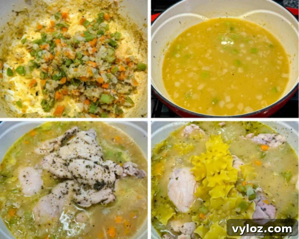 Creamy White Lasagna Soup 9 A collage of four photos showcasing the creamy chicken lasagna soup simmering in a Dutch oven, illustrating its development.