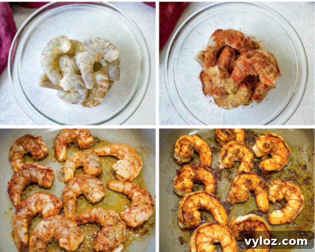 Zesty Shrimp Taco Bowl 7 A four-panel collage showcasing raw shrimp, shrimp cooking in a hot skillet, and perfectly cooked, pink shrimp.