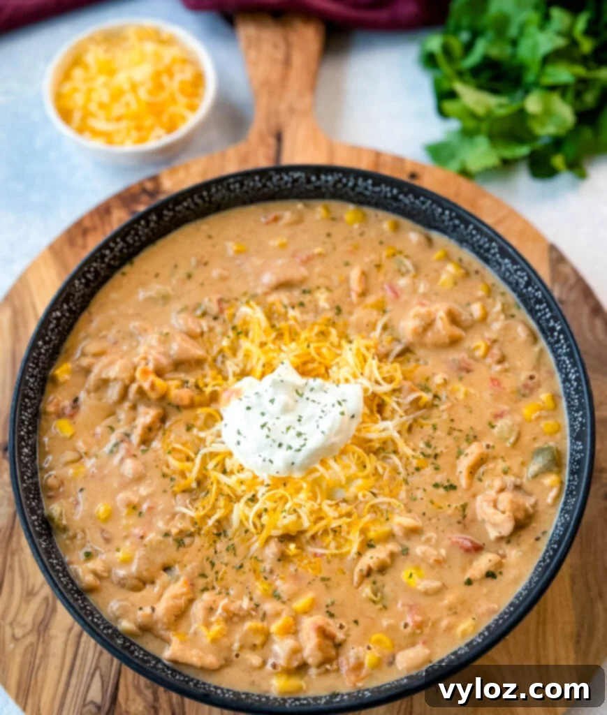White chicken chili served in a black bowl, garnished with a generous dollop of sour cream and freshly grated cheese, ready to be enjoyed.