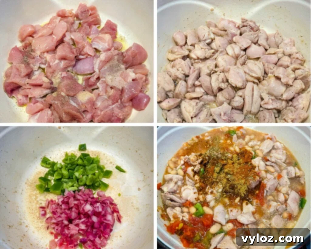 A four-panel collage illustrating the preparation of white chicken chili: raw diced chicken, sautéed onions and bell peppers, and beans simmering in a Dutch oven.