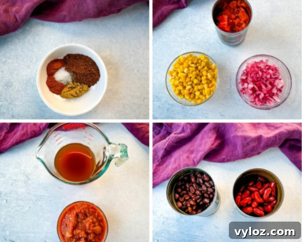 Taco Chili 3 spices, canned tomatoes, corn, diced onions, salsa, corn, and canned beans in separate bowls