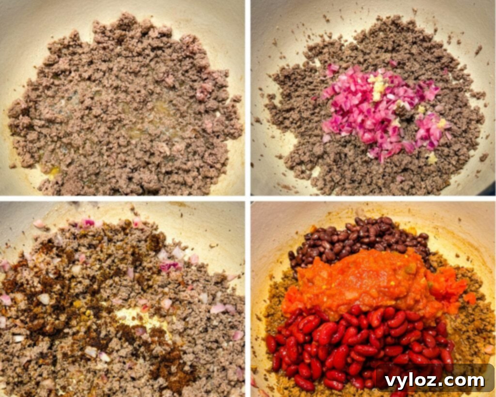 Taco Chili 4 collage of 4 photos with ground beef, onions, beans, and tomatoes in a Dutch oven