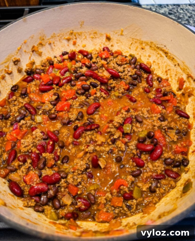 Taco Chili 5 beef taco chili in a Dutch oven