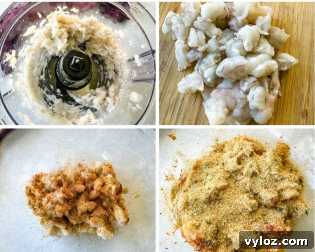 collage of 4 photos with diced shrimp in a food processor and in a glass bowl with eggs and breadcrumbs