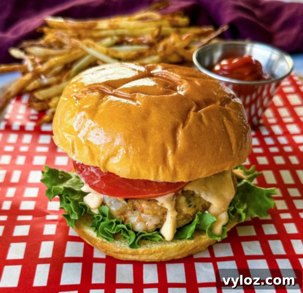 shrimp burger with lettuce, tomato, and spicy mayo on a plate with fries and ketchup