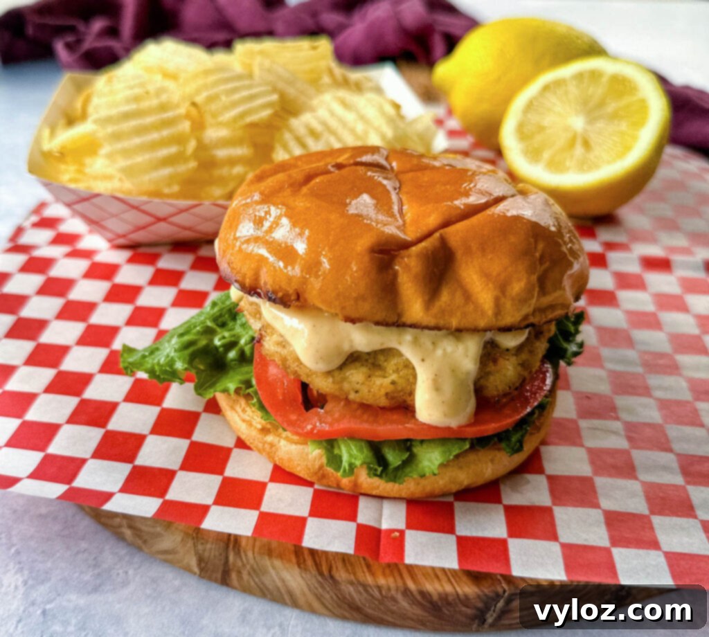 crab cake sandwich on a brioche bun with lettuce tomatoes and a side of chips with remoulade sauce