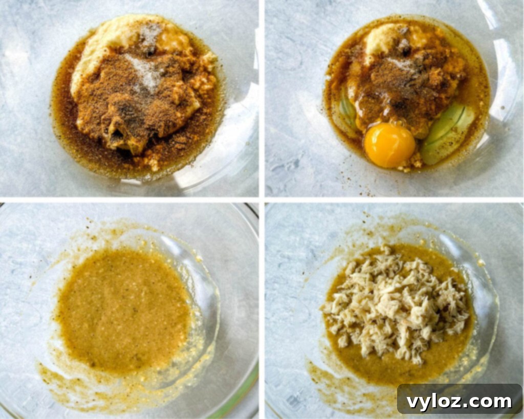collage of 4 photos with egg, breadcrumbs, crab meat, and worcestershire sauce in a glass bowl to form crab cake patties