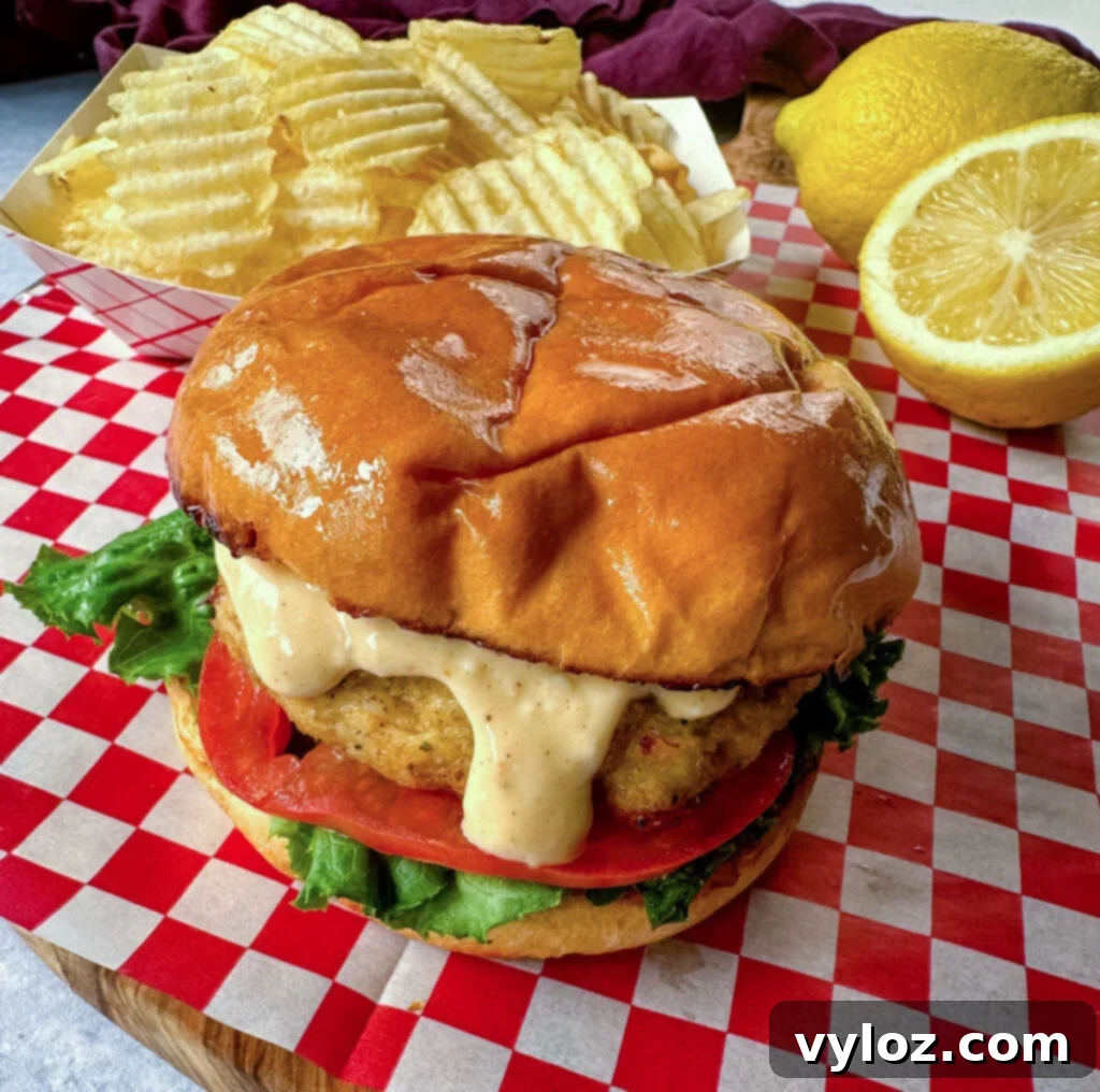 crab cake sandwich on a brioche bun with lettuce tomatoes and a side of chips with remoulade sauce