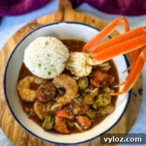 Cajun seafood gumbo with shrimp and crab meat and crab legs with rice in a white bowl