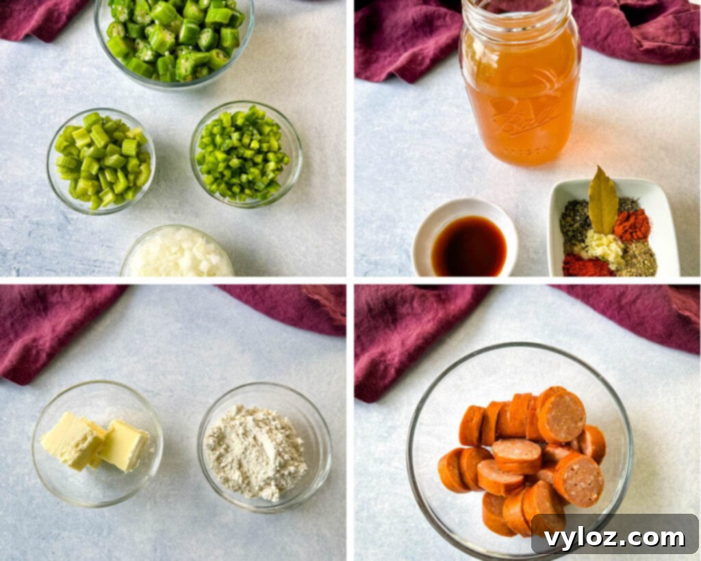 Bowls of diced celery, onions, green peppers, rich broth, a selection of Cajun spices, butter, flour, and sliced andouille sausage, ready for an authentic gumbo.