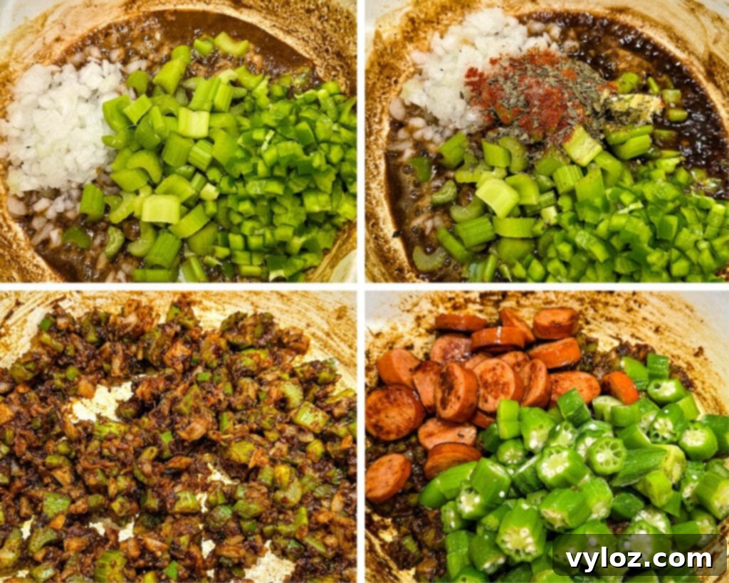 A four-panel collage illustrating the preparation of Cajun gumbo, featuring a rich, dark roux, diced green peppers, celery, and onions, along with various spices, all cooking in a large Dutch oven.