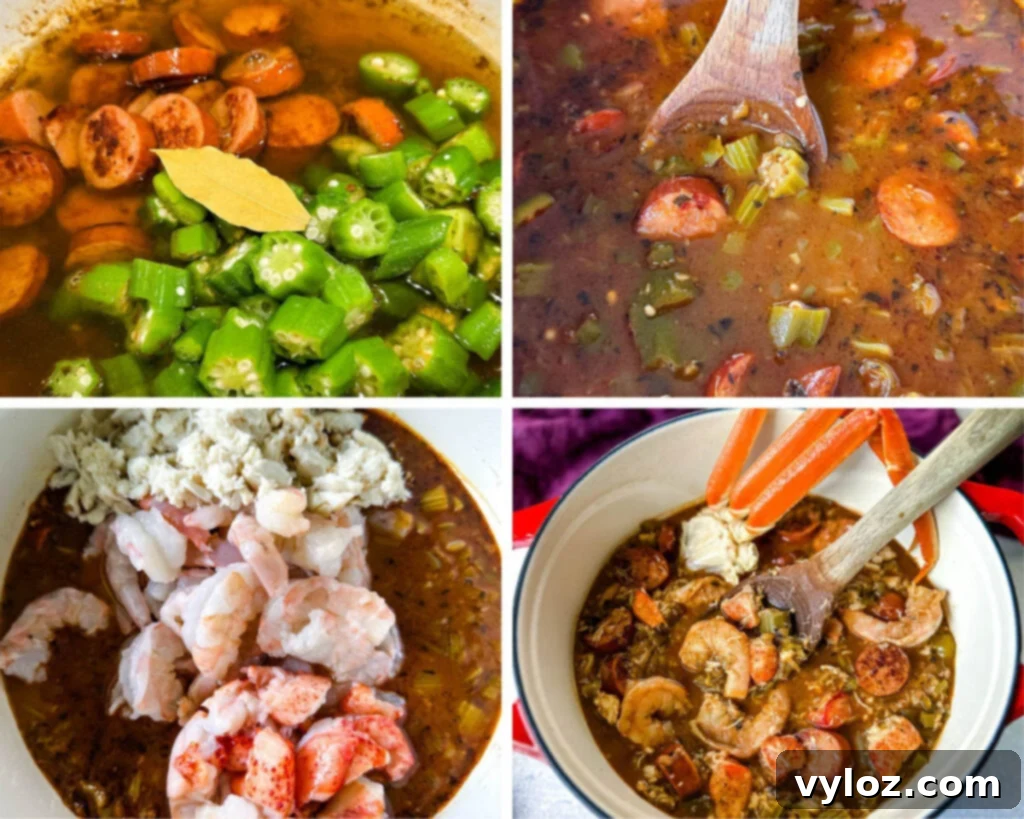 A collage of four images showing the progression of uncooked Cajun seafood gumbo being prepared in a Dutch oven, highlighting the rich base before seafood is added.