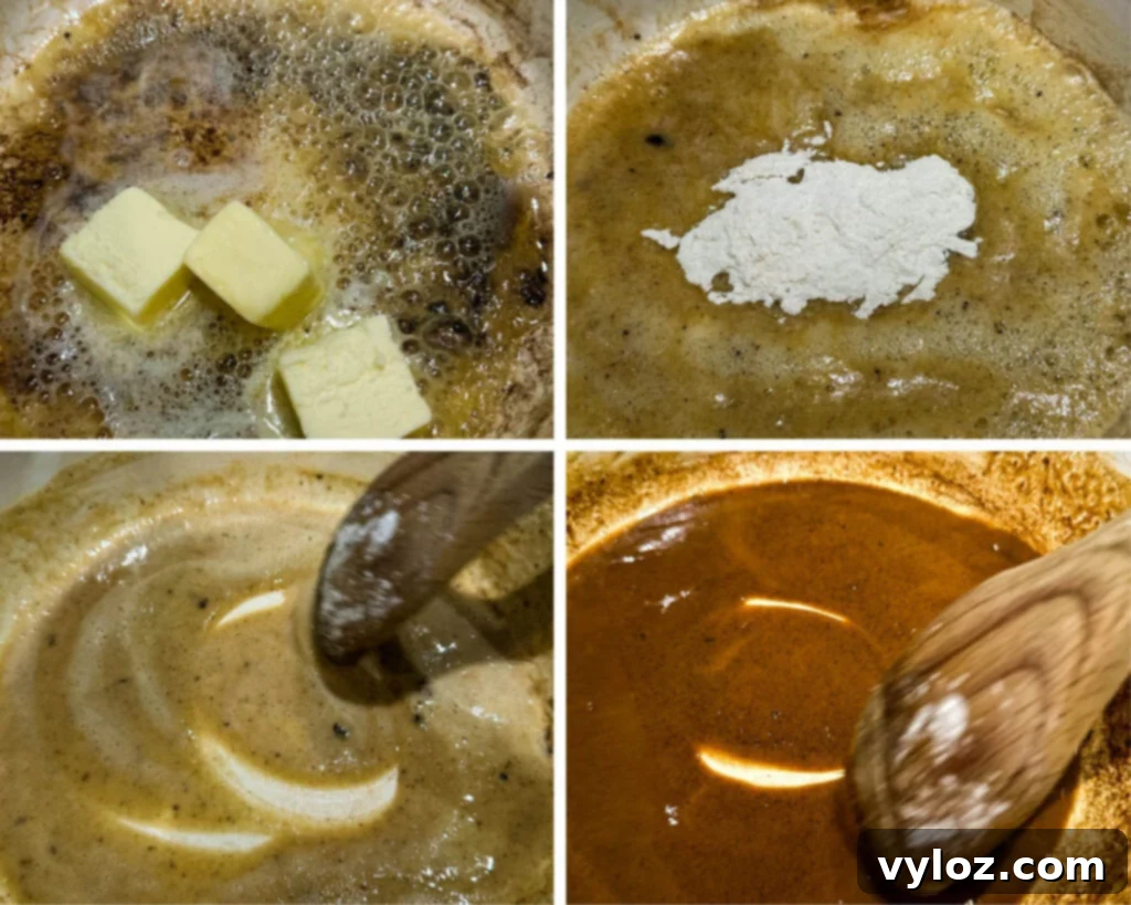 A four-image collage showcasing the meticulous process of creating a deep brown roux in a Dutch oven, starting with butter and flour and progressing to a rich, dark hue.