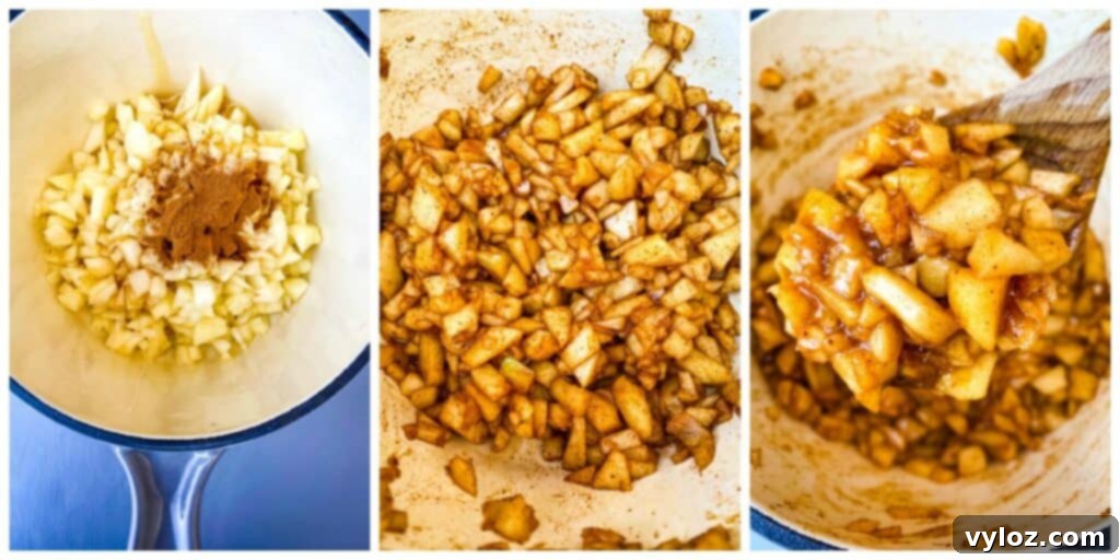 Golden Air Fryer Dessert Empanadas 8 a collage of 3 photos showing apple filling cooked in a saucepan