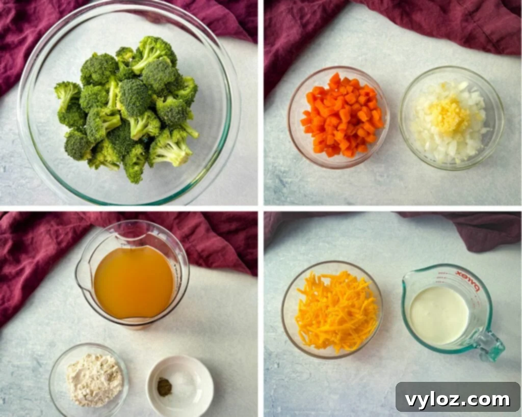 Velvety Broccoli Cheddar Soup 3 collage of 4 photos with fresh broccoli, diced carrots, diced onions, garlic, broth, flour, grated cheddar, salt, pepper, and heavy whipping cream in separate bowls