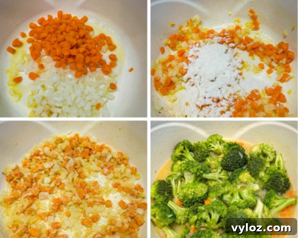 Velvety Broccoli Cheddar Soup 4 diced carrots and onions in a Dutch oven along with broccoli florets and broth