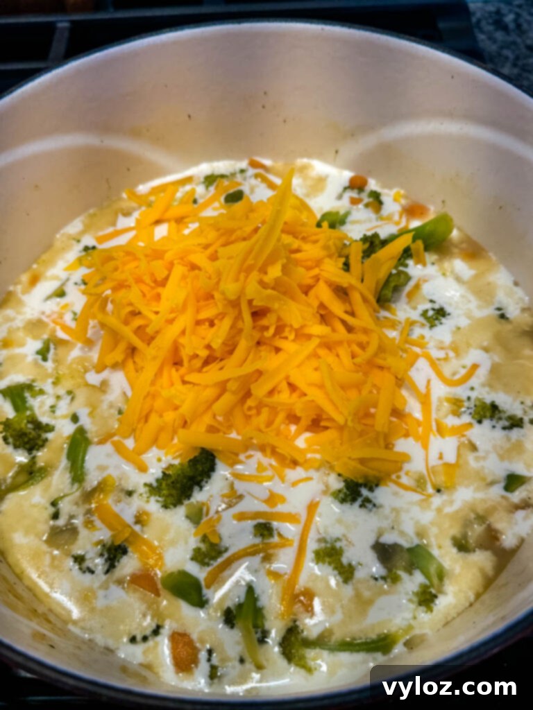 Velvety Broccoli Cheddar Soup 5 uncooked broccoli cheddar soup in a Dutch oven