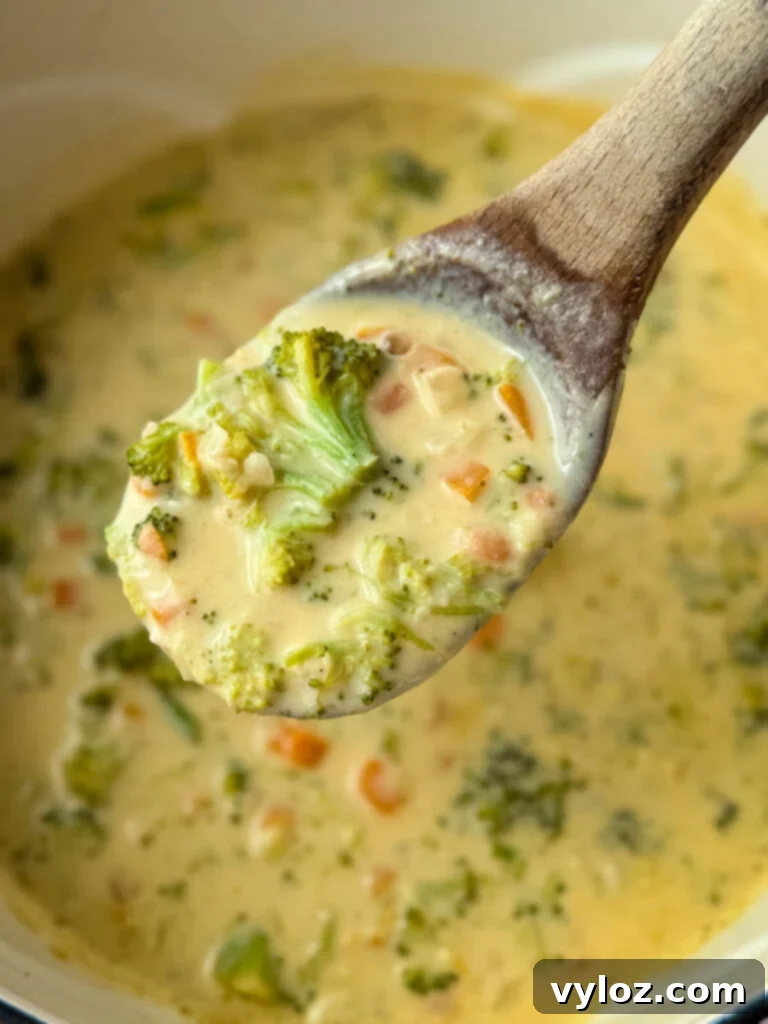 Velvety Broccoli Cheddar Soup 8 a wooden spoon full of broccoli cheddar soup