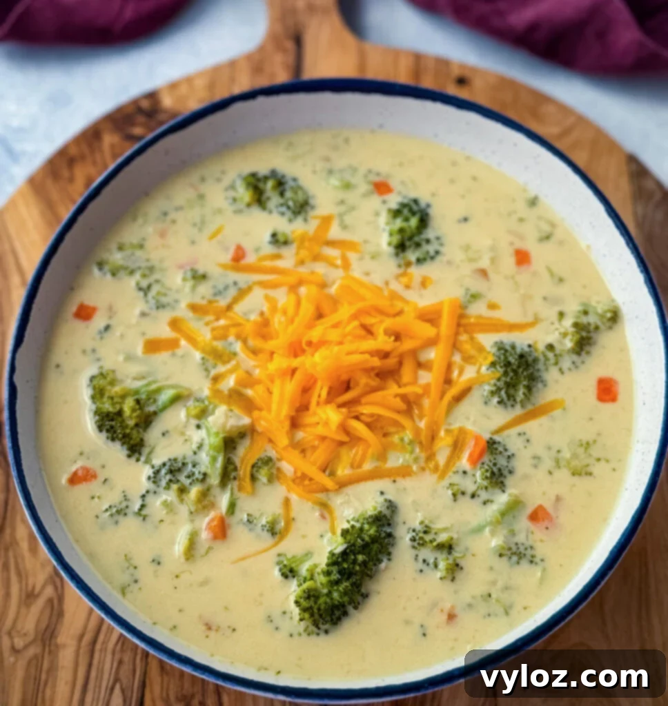 Velvety Broccoli Cheddar Soup 9 broccoli cheddar soup in a white bowl with grated cheddar cheese