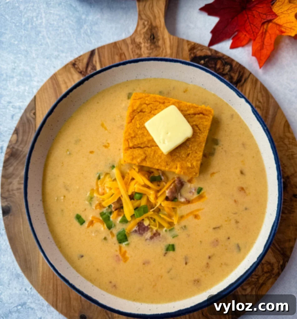 Creamy Beer Cheese Soup with Smoked Bacon 2 beer cheese soup with bacon, shredded cheese, green onions, and a slice of sweet potato cornbread in a white bowl