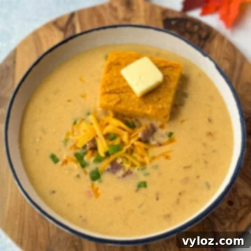 Creamy Beer Cheese Soup with Smoked Bacon 11 beer cheese soup with bacon, shredded cheese, green onions, and a slice of sweet potato cornbread in a white bowl