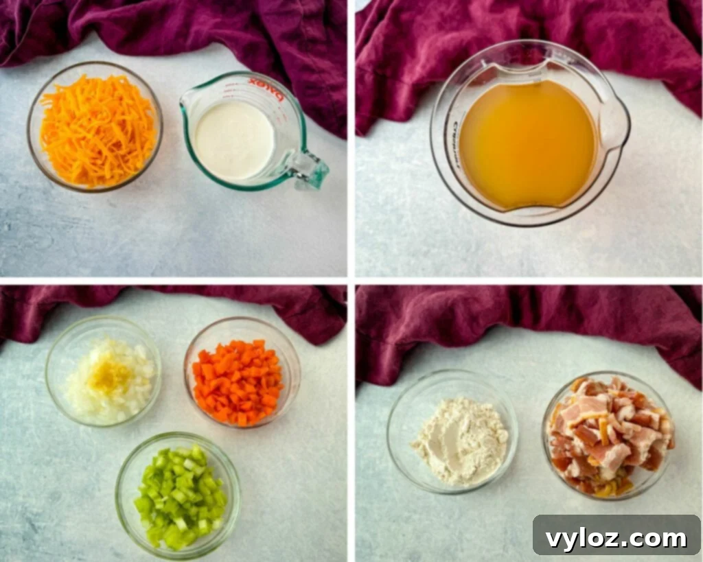 Creamy Beer Cheese Soup with Smoked Bacon 3 grated cheddar cheese, heavy cream, broth, diced onions, diced celery, diced carrots, minced garlic, flour, and diced bacon in separate glass bowls