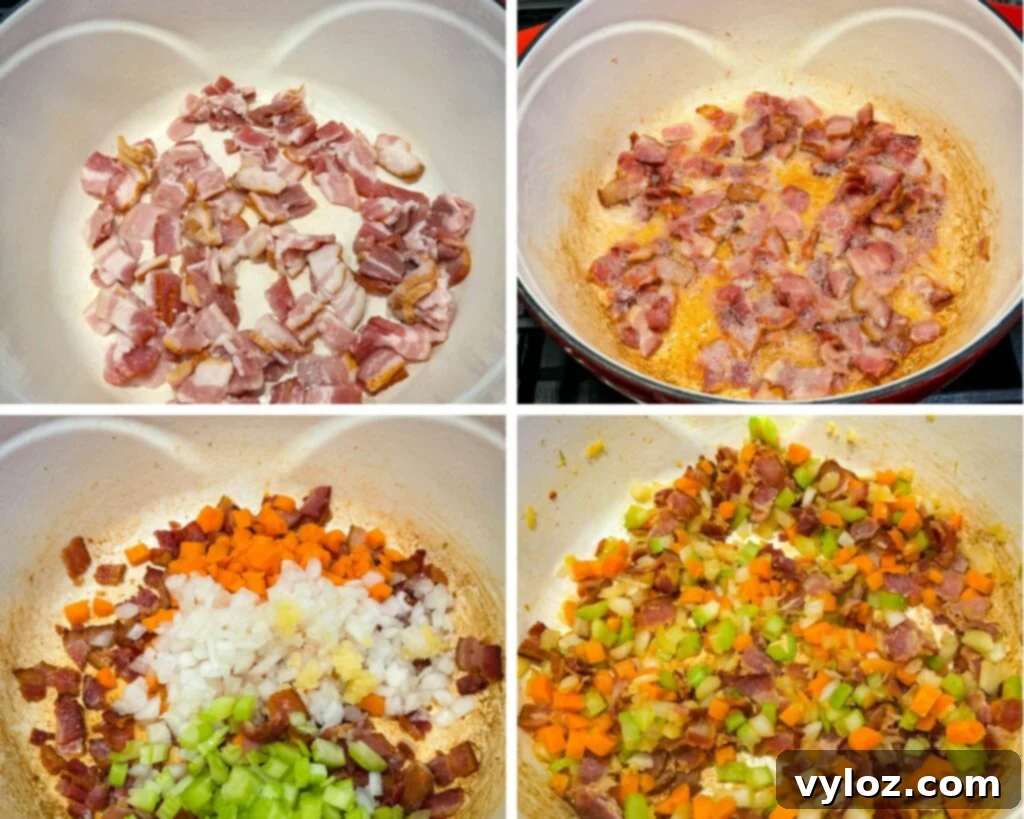 Creamy Beer Cheese Soup with Smoked Bacon 5 cooked bacon and diced vegetables in a Dutch oven
