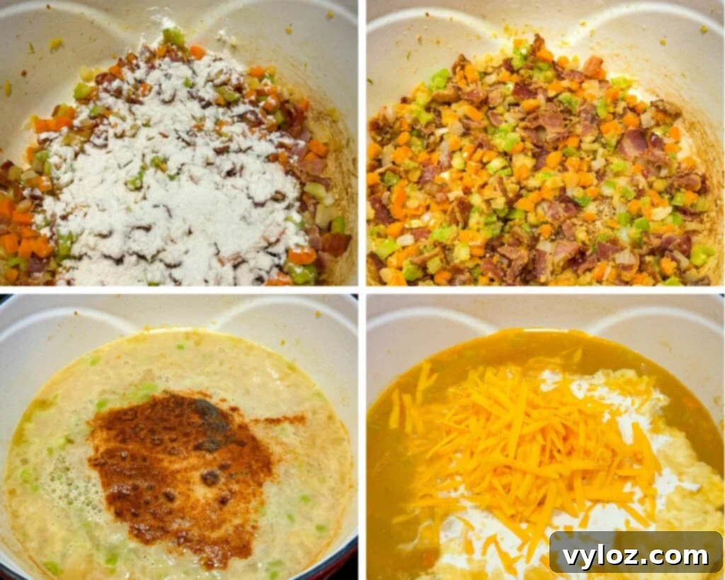 Creamy Beer Cheese Soup with Smoked Bacon 6 diced vegetables and flour in a Dutch oven with broth and beer