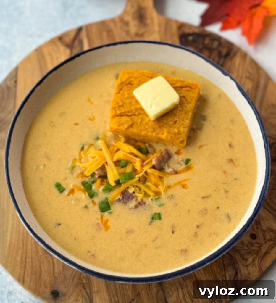 Creamy Beer Cheese Soup with Smoked Bacon 10 beer cheese soup with bacon, shredded cheese, green onions, and a slice of sweet potato cornbread in a white bowl