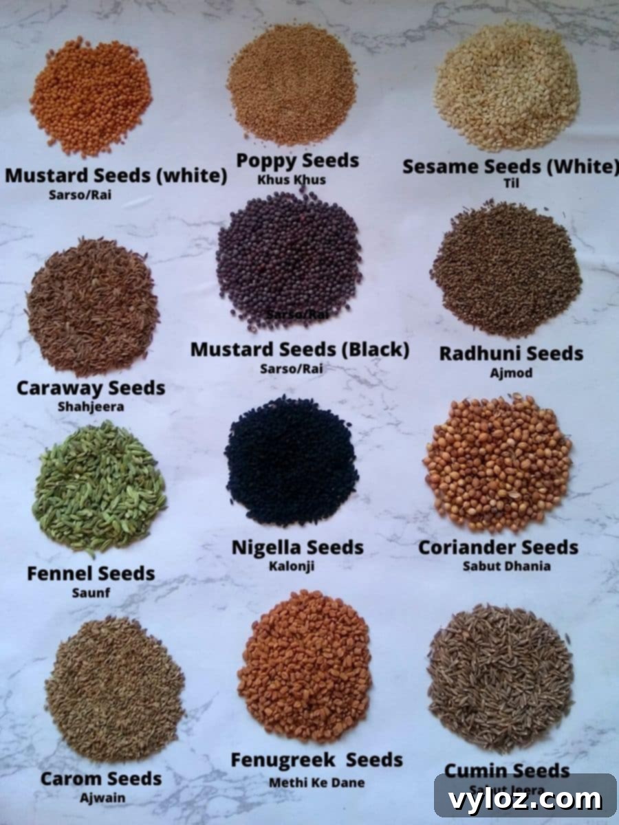 Multilingual Spice Glossary English Hindi Marathi Tamil 4 Close-up view of whole Indian spices in their seed form, such as fenugreek, carom, and fennel, highlighting their natural appearance.