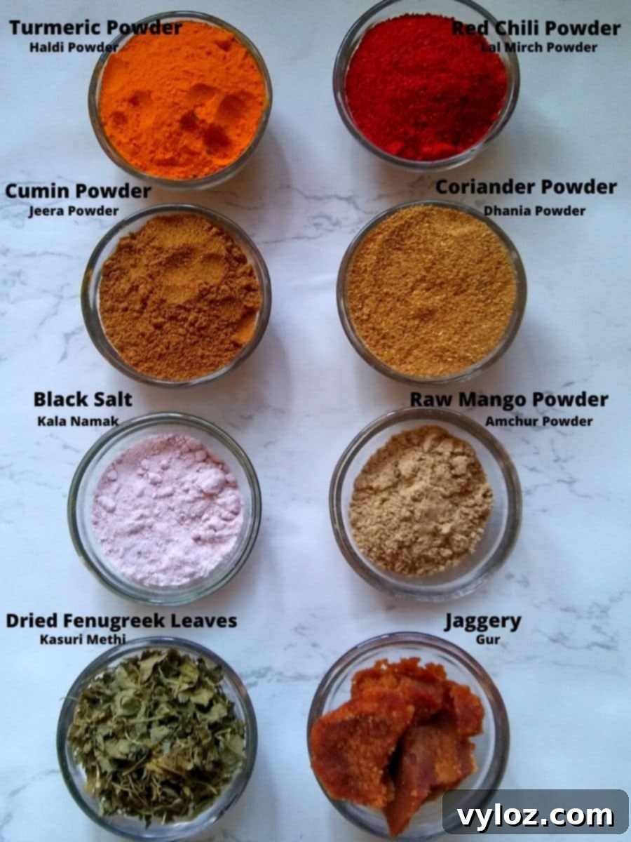 Multilingual Spice Glossary English Hindi Marathi Tamil 5 An assortment of powdered Indian spices like turmeric and chili powder, alongside dried fenugreek leaves (Kasuri Methi) and traditional jaggery.