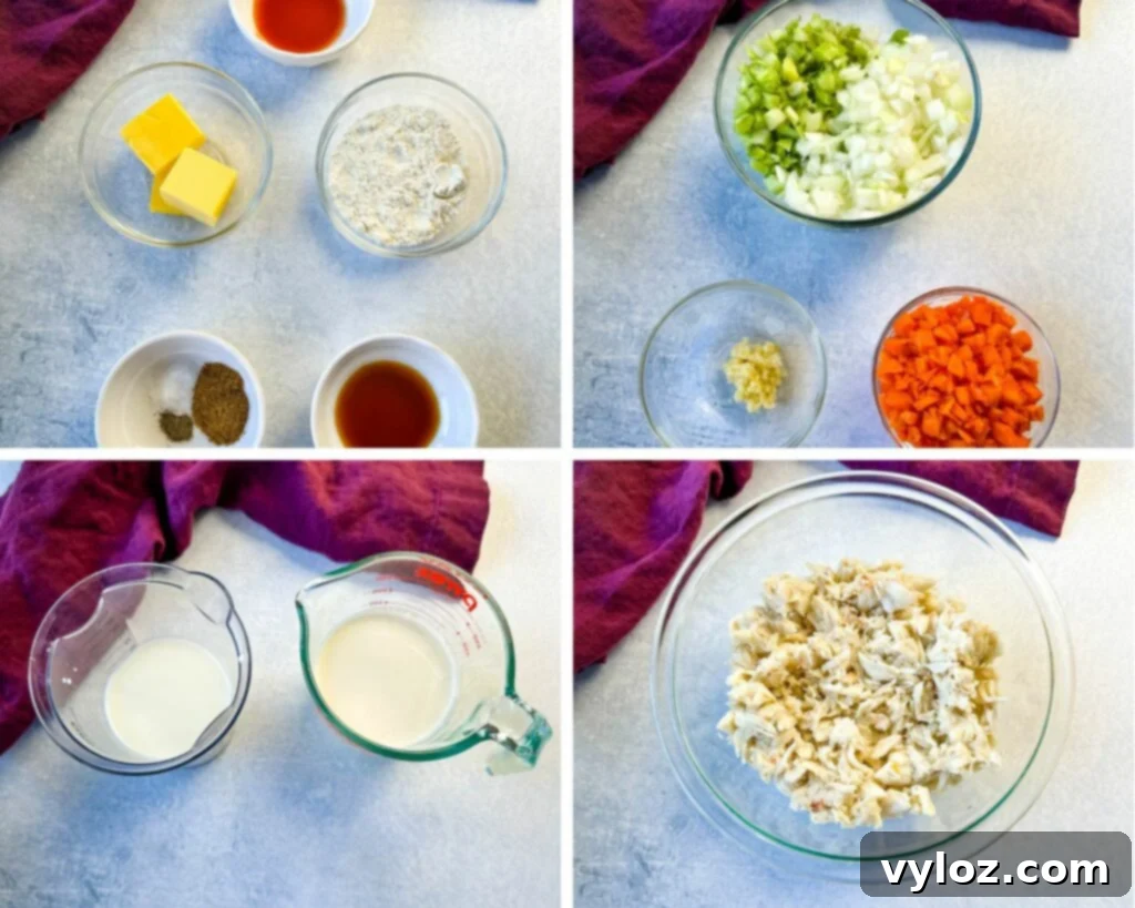 fresh chopped celery, onions, carrots, garlic, hot sauce, worcestershire sauce, butter, flour, Old Bay seasoning, salt, jumbo lump crab meat in separate glass bowls